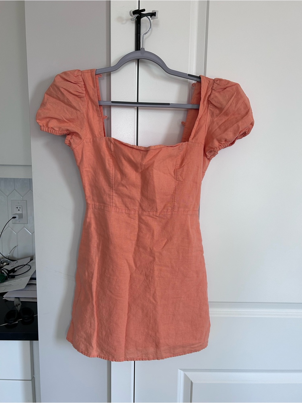 Sunday Best Linen Blend Peach/Orange Puff Sleeve Mini Dress Cottagecore Cute